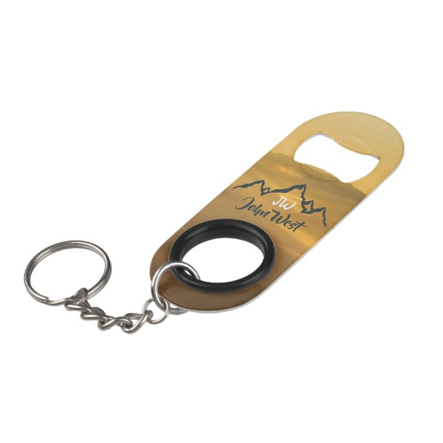 Gold sunrise personalizable mountains monogram keychain bottle opener (Front Angled)