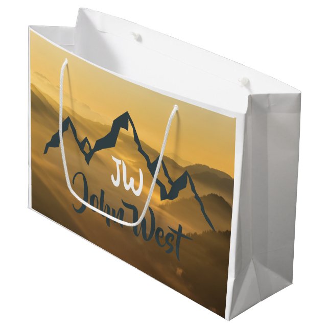Gold sunrise personalizable mountains monogram large gift bag (Front Angled)
