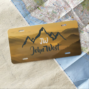 Gold sunrise personalizable mountains monogram license plate