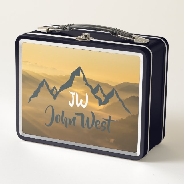 Gold sunrise personalizable mountains monogram metal lunch box (Front)