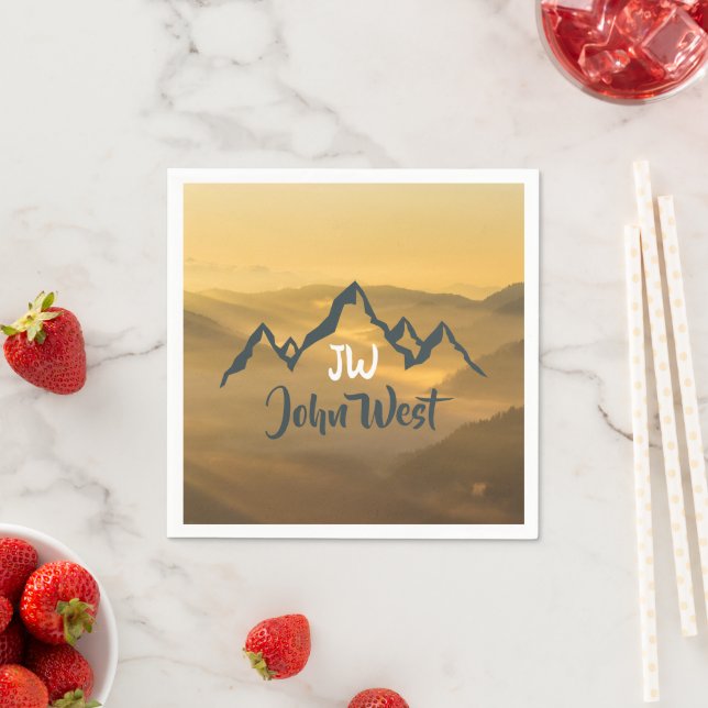 Gold sunrise personalizable mountains monogram napkins (Insitu)