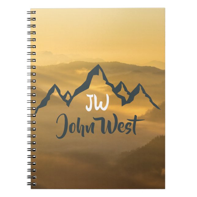 Gold sunrise personalizable mountains monogram notebook (Front)