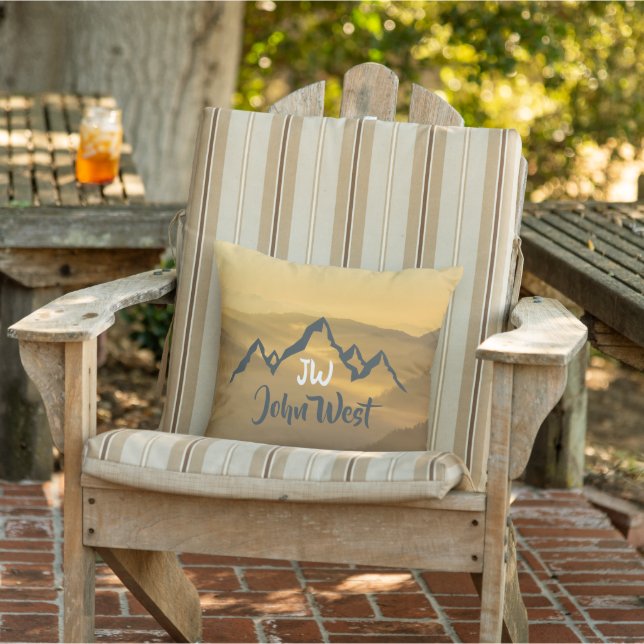 Gold sunrise personalizable mountains monogram outdoor pillow (Chair)