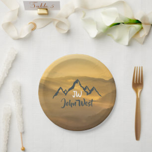 Gold sunrise personalizable mountains monogram paper plates