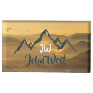 Gold sunrise personalizable mountains monogram place card holder