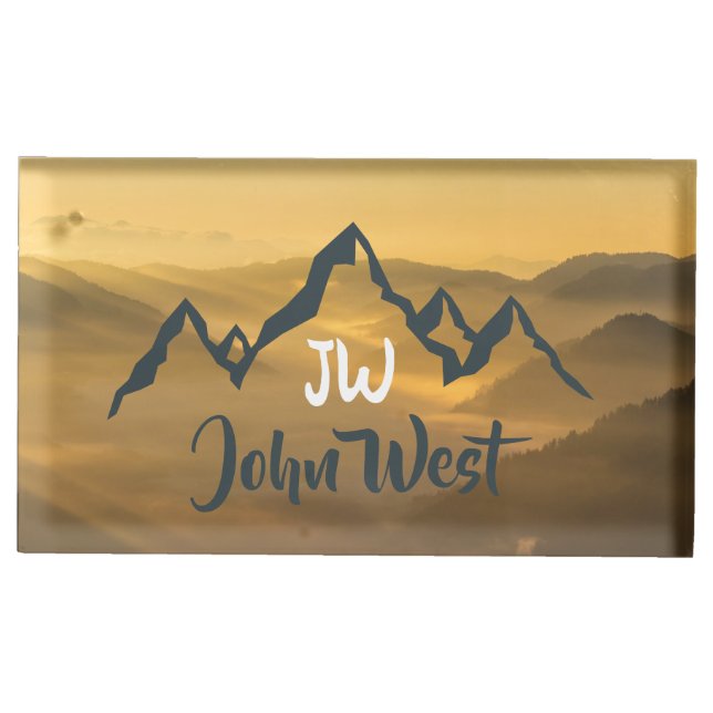 Gold sunrise personalizable mountains monogram place card holder (Front)