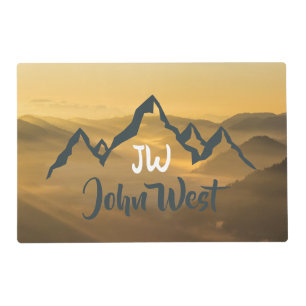 Gold sunrise personalizable mountains monogram placemat