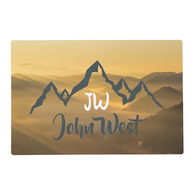 Gold sunrise personalizable mountains monogram placemat (Front)