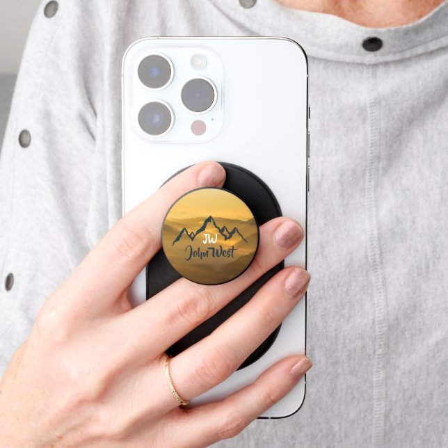Gold sunrise personalizable mountains monogram PopSocket (Hand)