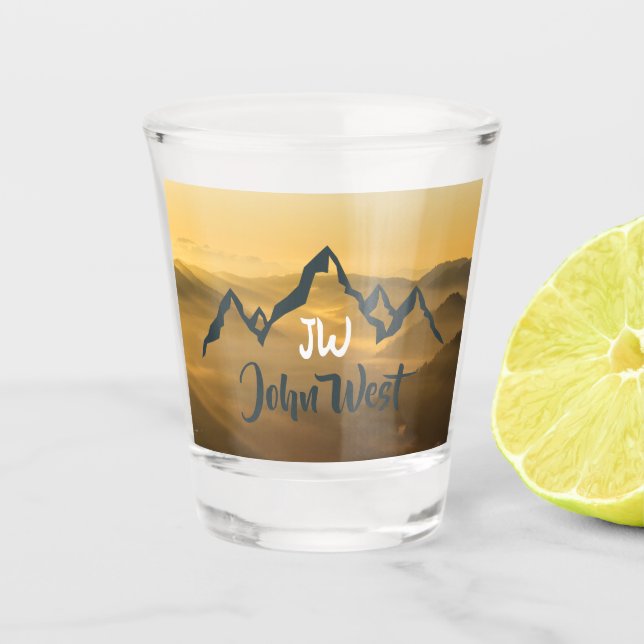 Gold sunrise personalizable mountains monogram shot glass (Front)