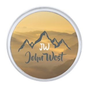 Gold sunrise personalizable mountains monogram silver finish lapel pin