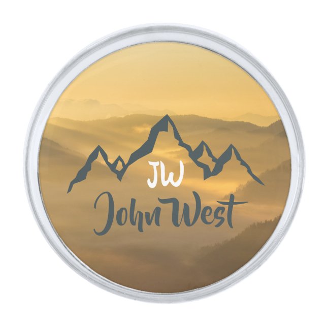 Gold sunrise personalizable mountains monogram silver finish lapel pin (Front)