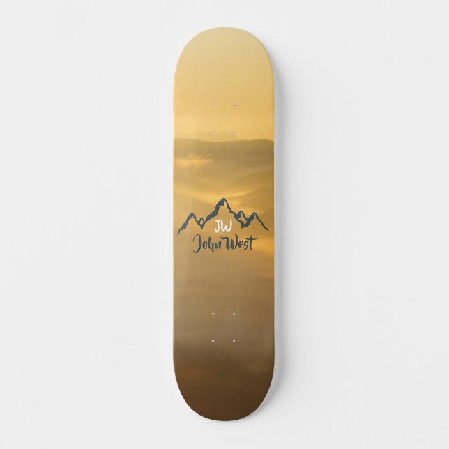 Gold sunrise personalizable mountains monogram skateboard (Front)