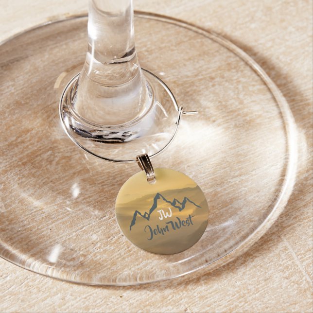Gold sunrise personalizable mountains monogram wine charm (In Situ)