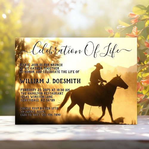 Gold Sunset Cowboy Funeral Memorial Service Invitation
