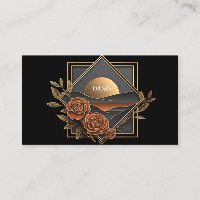 Gold Sunset Landscape and Copper Rose Floral Business Card (Front)