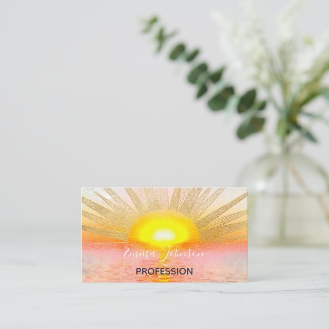 Gold Sunset Sun Mandala Watercolor Sea Business Card (Standing Front)