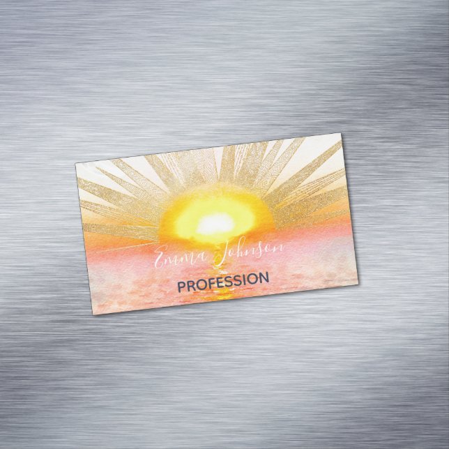 Gold Sunset Sun Mandala Watercolor Sea Business Card Magnet (In Situ)