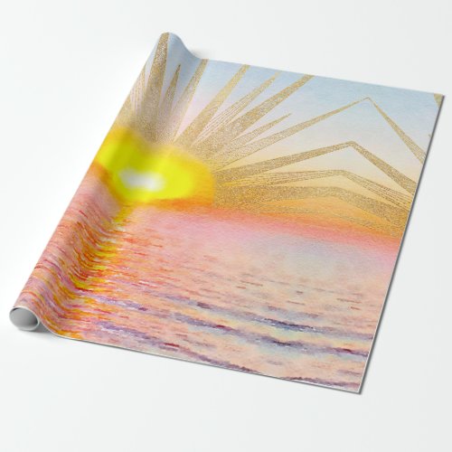 Gold Sunset Sun Mandala Watercolor Sea Wrapping Paper