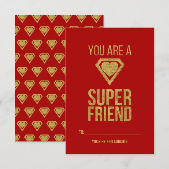 Gold Superhero Friend Classroom Valentine Card Red (Front/Back)