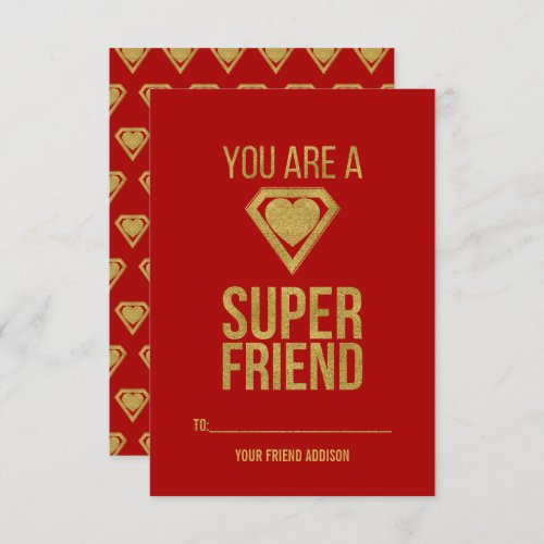 Gold Superhero Friend Classroom Valentine Card Red