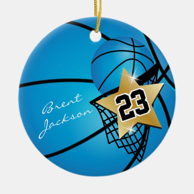 Gold Superstar Basketball | DIY Text | Blue Ceramic Ornament (Front)