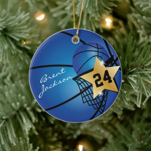 Gold Superstar Basketball  DIY Text  Dark Blue  Ceramic Ornament