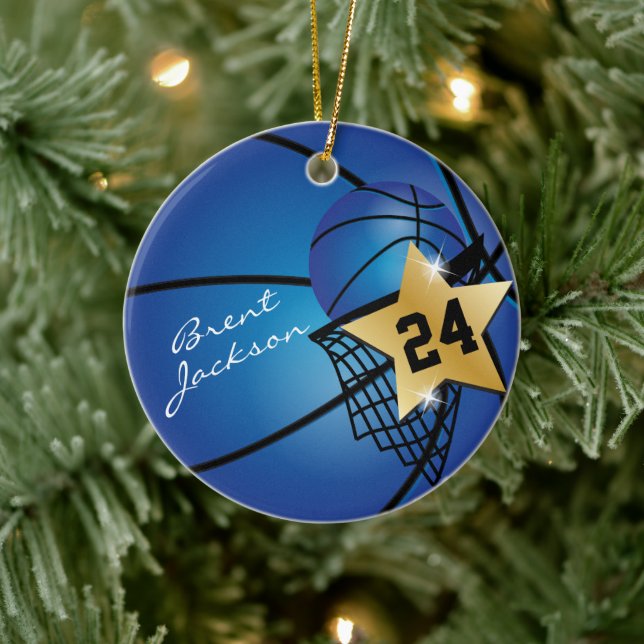 Gold Superstar Basketball | DIY Text | Dark Blue  Ceramic Ornament (Tree)