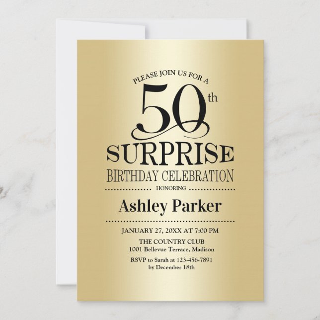 Gold Surprise 50th Birthday Party Invitation (Front)