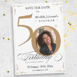 Gold Surprise 50th Birthday Save The Date Invitation<br><div class="desc">Gold Surprise 50th Birthday Save The Date Invitation. An elegantly designed special birthday celebration invitation,  featuring a custom photo of birthday person and script calligraphy with vintage flourish elements. Simple enough to fit a variety of themes and colors!
Need help? Simply contact me!</div>