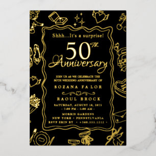 gold Surprise 50th Wedding Anniversary  Foil Invitation
