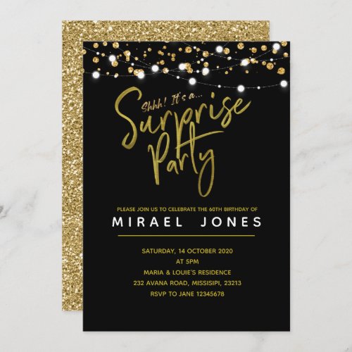 Gold Surprise Birthday Party Invitation card