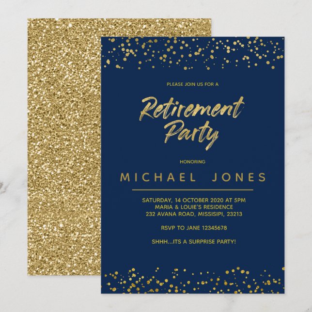 Gold Surprise retirement party invitation card (Front/Back)
