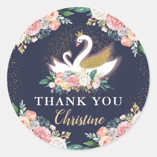 Gold Swan Princess Pink Floral Navy Blue Thank You Classic Round Sticker