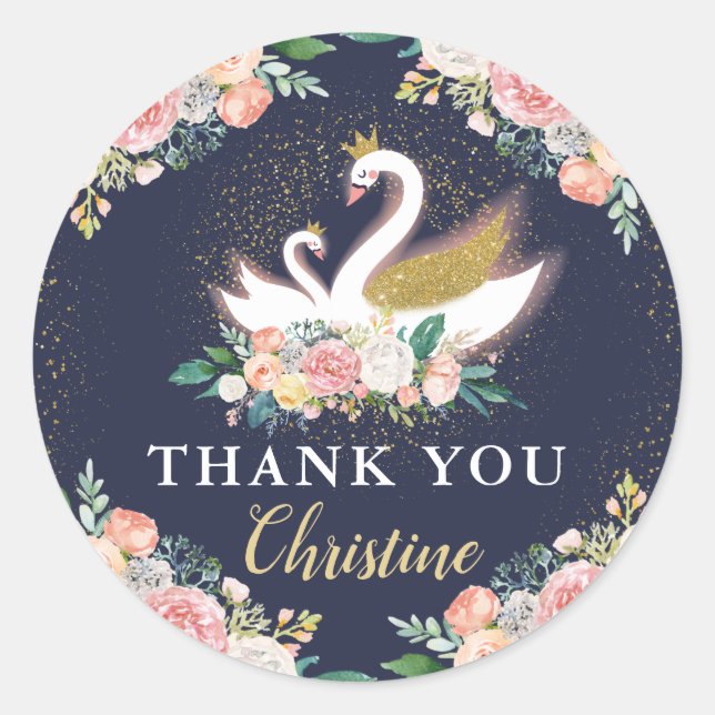 Gold Swan Princess Pink Floral Navy Blue Thank You Classic Round Sticker (Front)