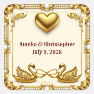🖤 Gold Swan Wedding Name Sign Gift 💍 Square Sticker