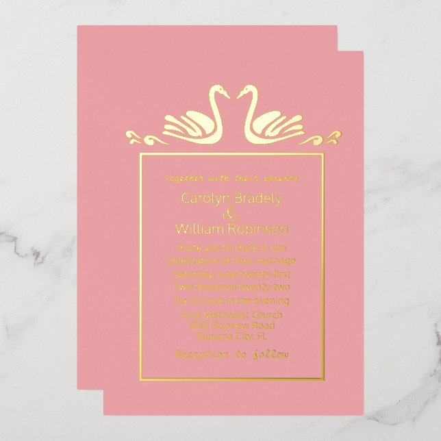 Gold Swans Coral Wedding Foil  Invitation (Front/Back)