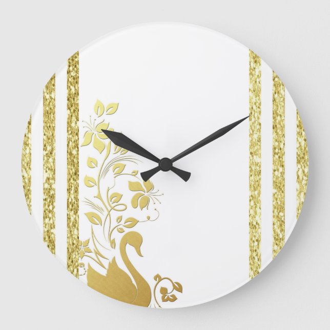 Gold Swans Floral Stripe  Clock (Front)