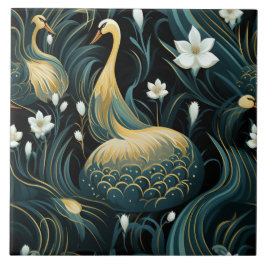 Gold Swans, White Flowers, Chinese Art Influence Ceramic Tile