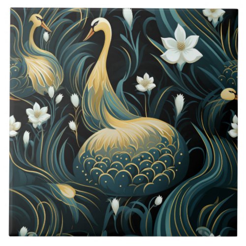 Gold Swans White Flowers Chinese Art Influence Ceramic Tile