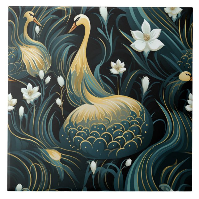 Gold Swans, White Flowers, Chinese Art Influence Ceramic Tile (Front)