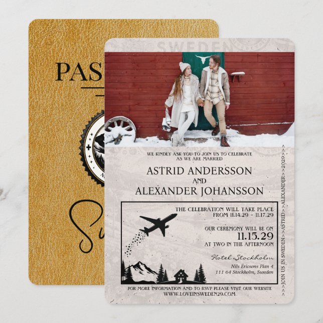 Gold Sweden Passport Wedding Invitation (Front/Back)