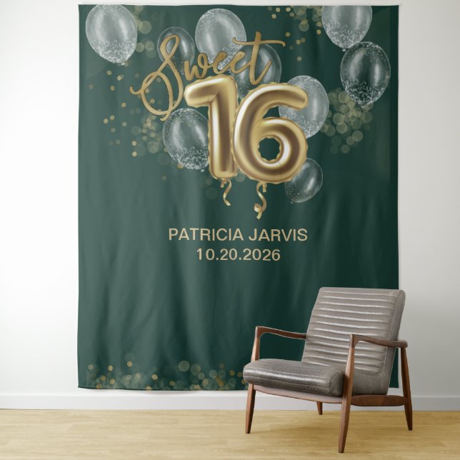 Gold Sweet 16 Balloons Emerald Green Backdrops (In Situ)