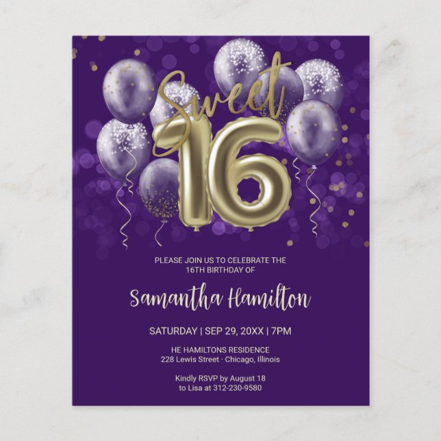 Gold Sweet 16 Balloons Purple Budge Invitation (Front)