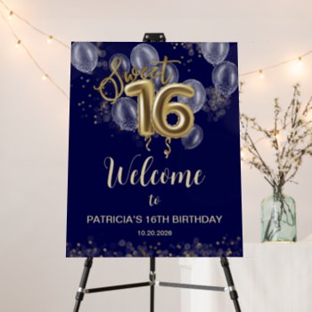 Gold Sweet 16 Balloons Royal Blue Welcome Sign by LitleStarPaper at Zazzle
