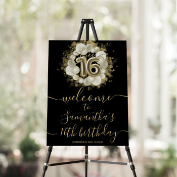 Gold Sweet 16 Bday Balloons Black Welcome Sign by StampsbyMargherita at Zazzle