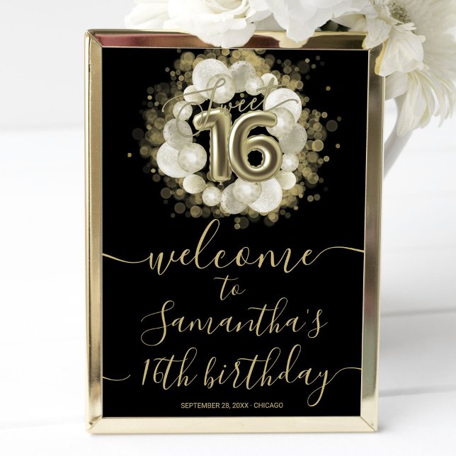 Gold Sweet 16 Bday Balloons Black Welcome Sign (Creator Uploaded)