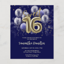 Gold Sweet 16 Bday Balloons Blue Budge Invitation