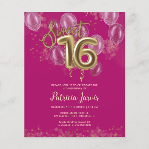 Gold Sweet 16 Bday Balloons Budget Invitations