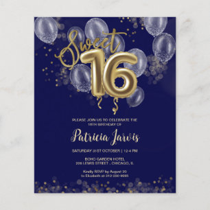 Gold Sweet 16 Bday Balloons Budget Invitations